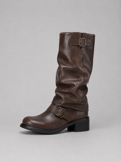 Damen Kniehohe Biker Boots Mit Schnallendetails