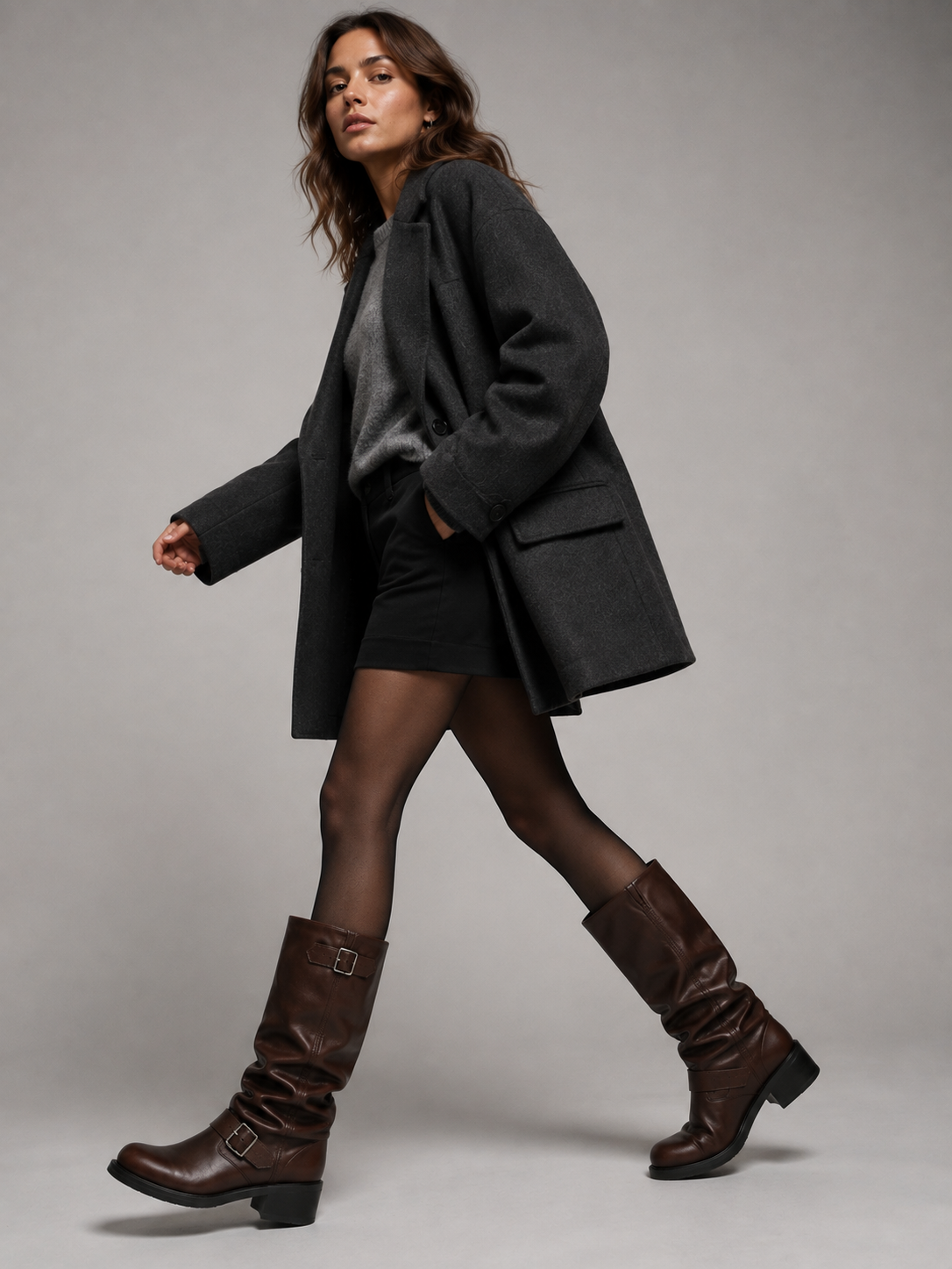 Kniehohe Damenstiefel im Biker-Stil mit dekorativen Schnallen