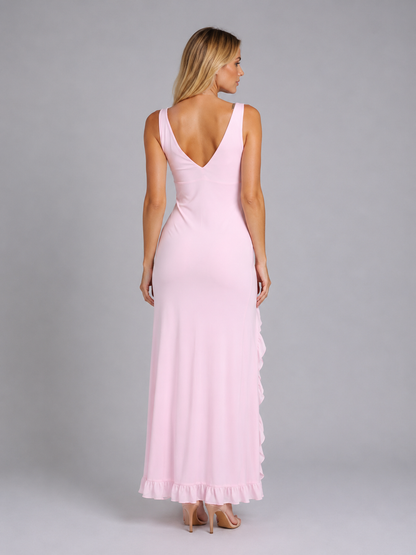 Damen Maxikleid mit Volantschlitz in figurbetonter Passform, Rückansicht