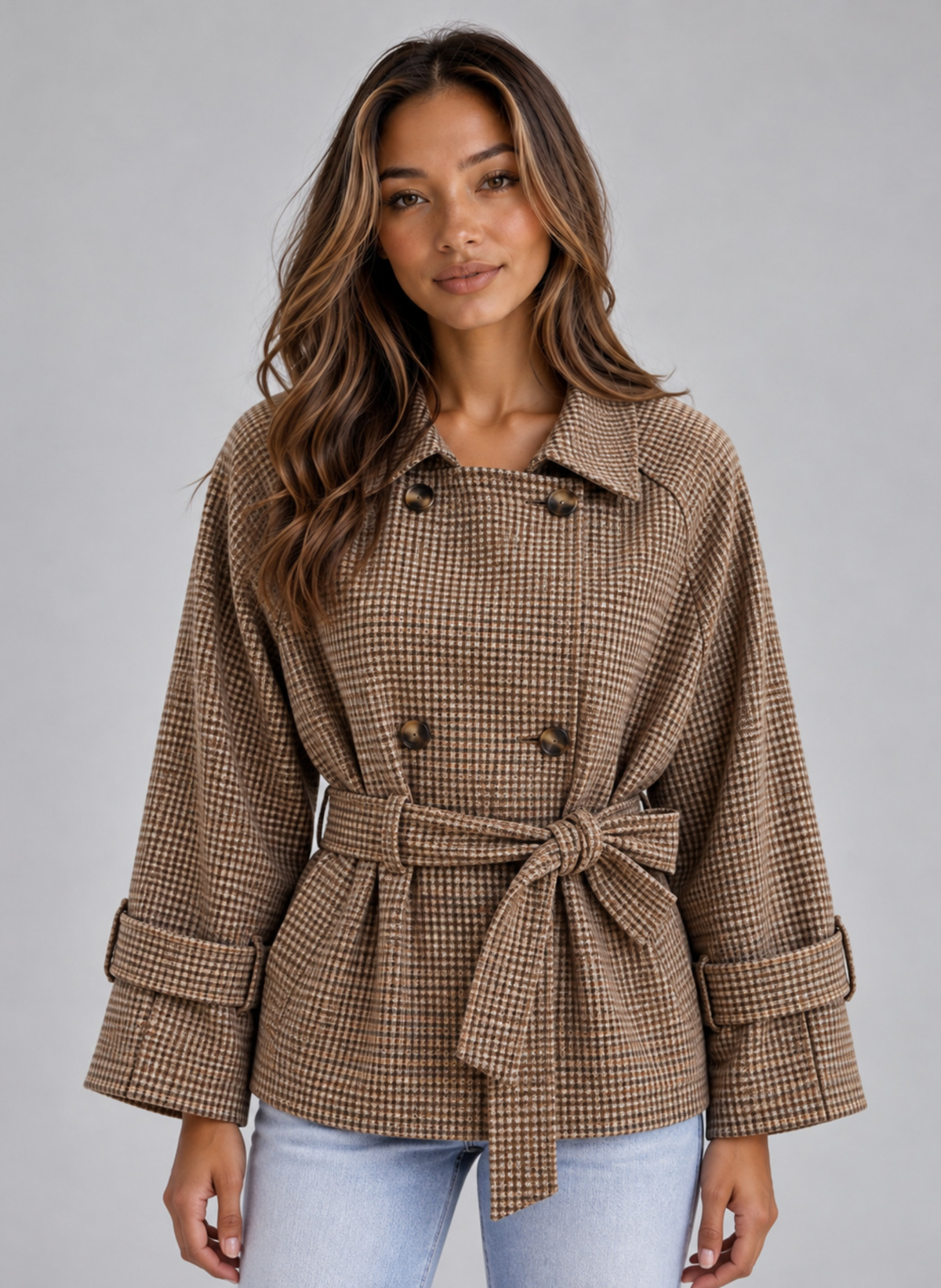 Kurzer Damen-Trenchcoat mit Karomuster und Gürtel von vorn