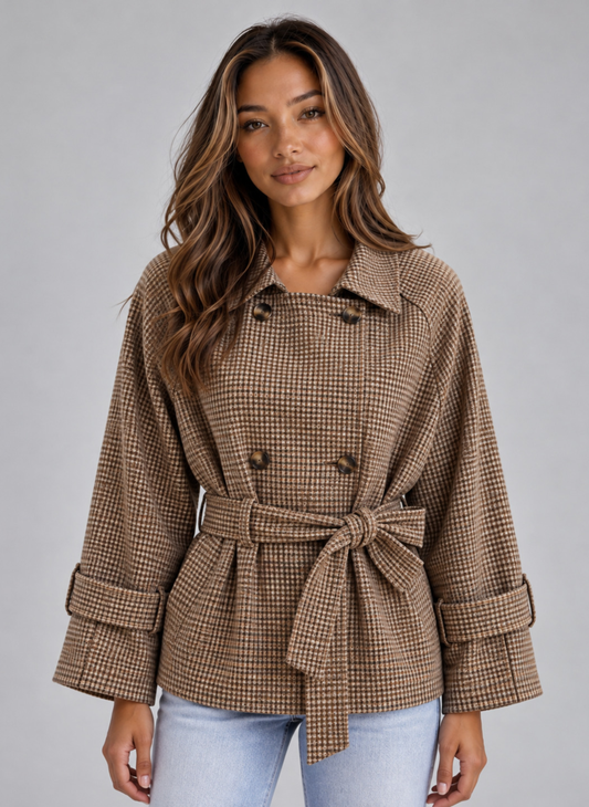 Kurzer Damen-Trenchcoat mit Karomuster und Gürtel von vorn
