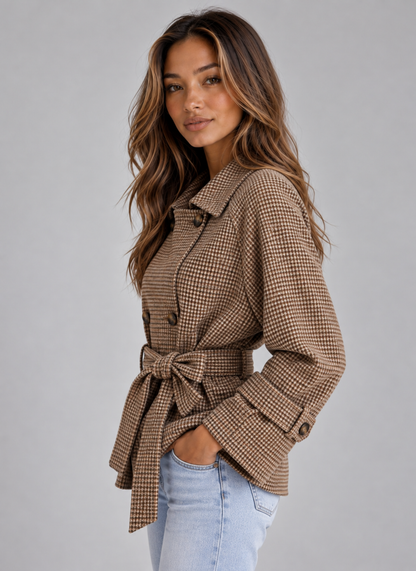 Kurze Trenchcoat-Jacke für Damen mit Gürtel und Karomuster