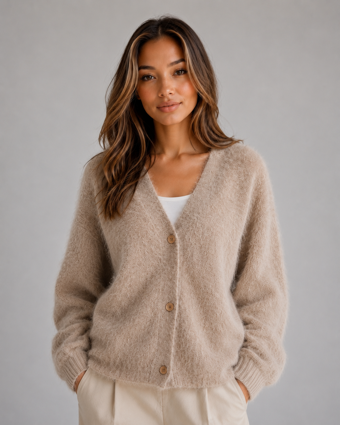 Damen Strickcardigan mit V-Ausschnitt und Knopfleiste in Vorderansicht