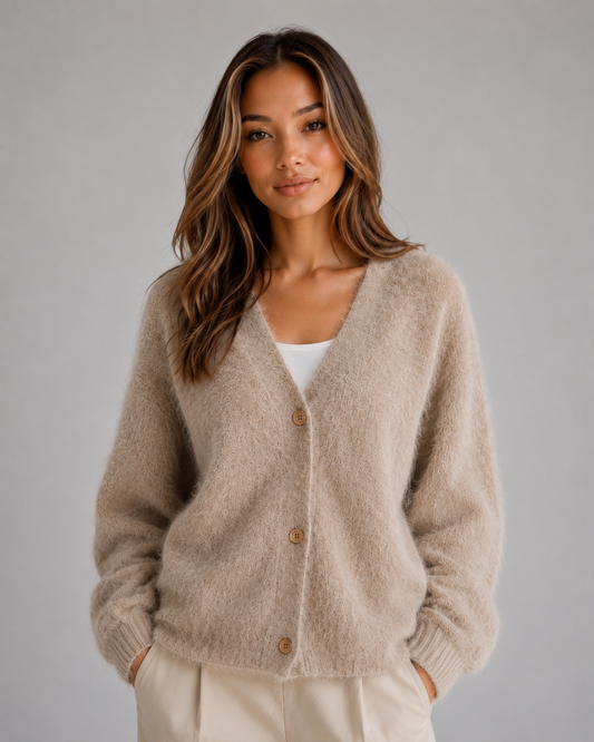 Damen Strickcardigan mit V-Ausschnitt und Knopfleiste in Vorderansicht