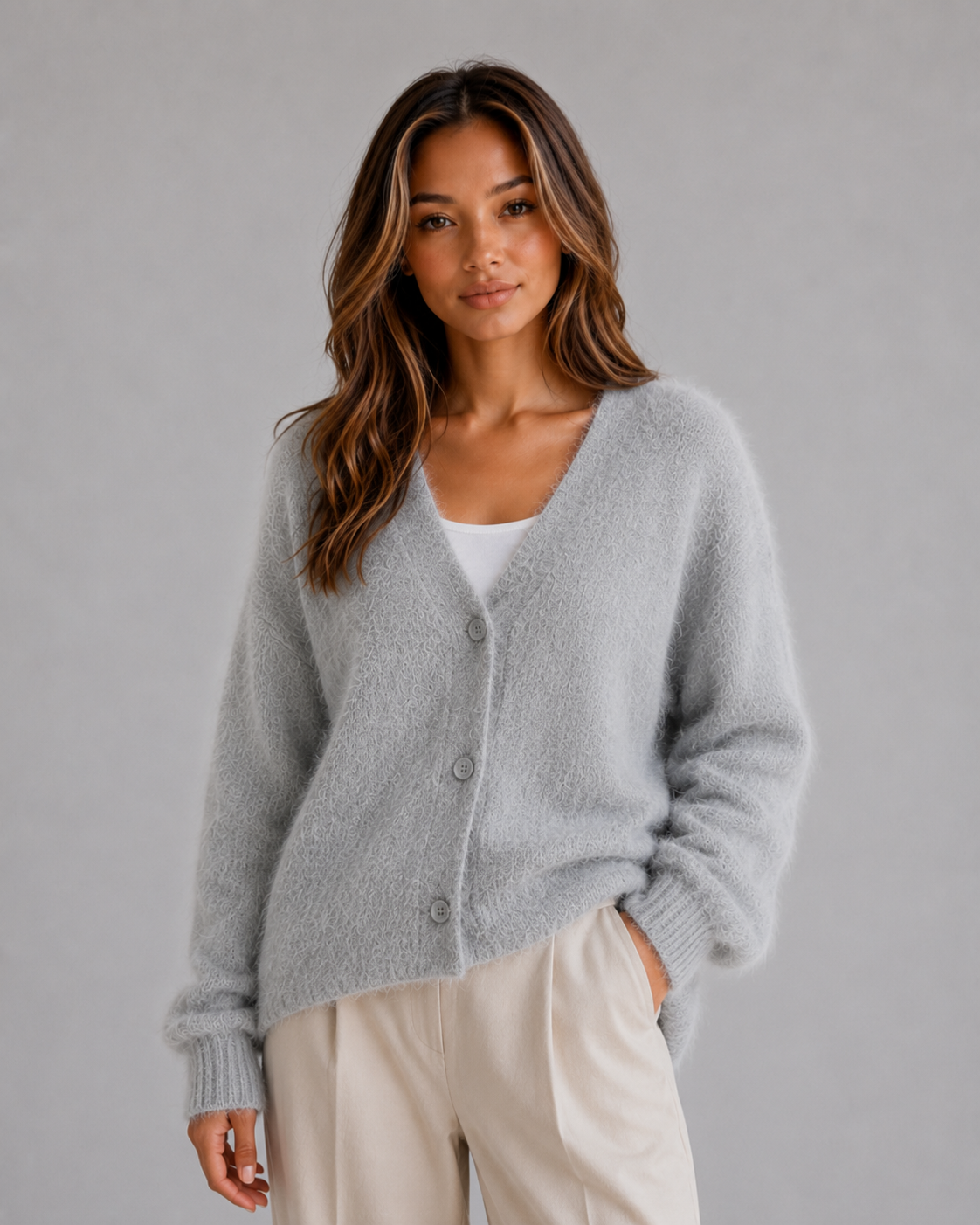 Damen Strickcardigan mit V-Ausschnitt in Rückansicht