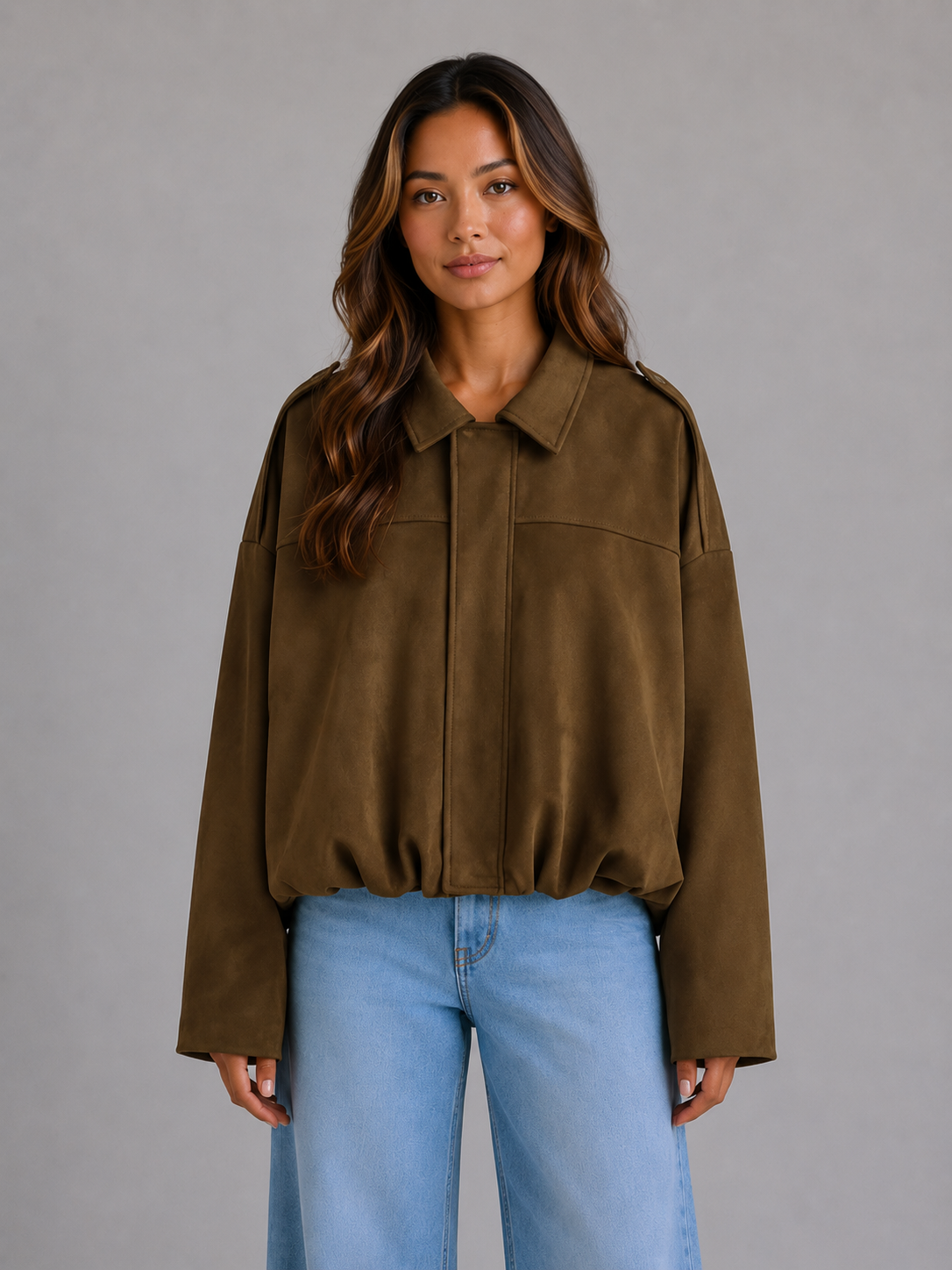 Damen Bomberjacke In Wildlederoptik Oversized Mit Kragen