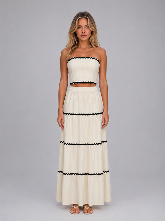 Damen Zweiteiler mit Crop Top und gestuftem Maxirock als sommerliches Komplettoutfit