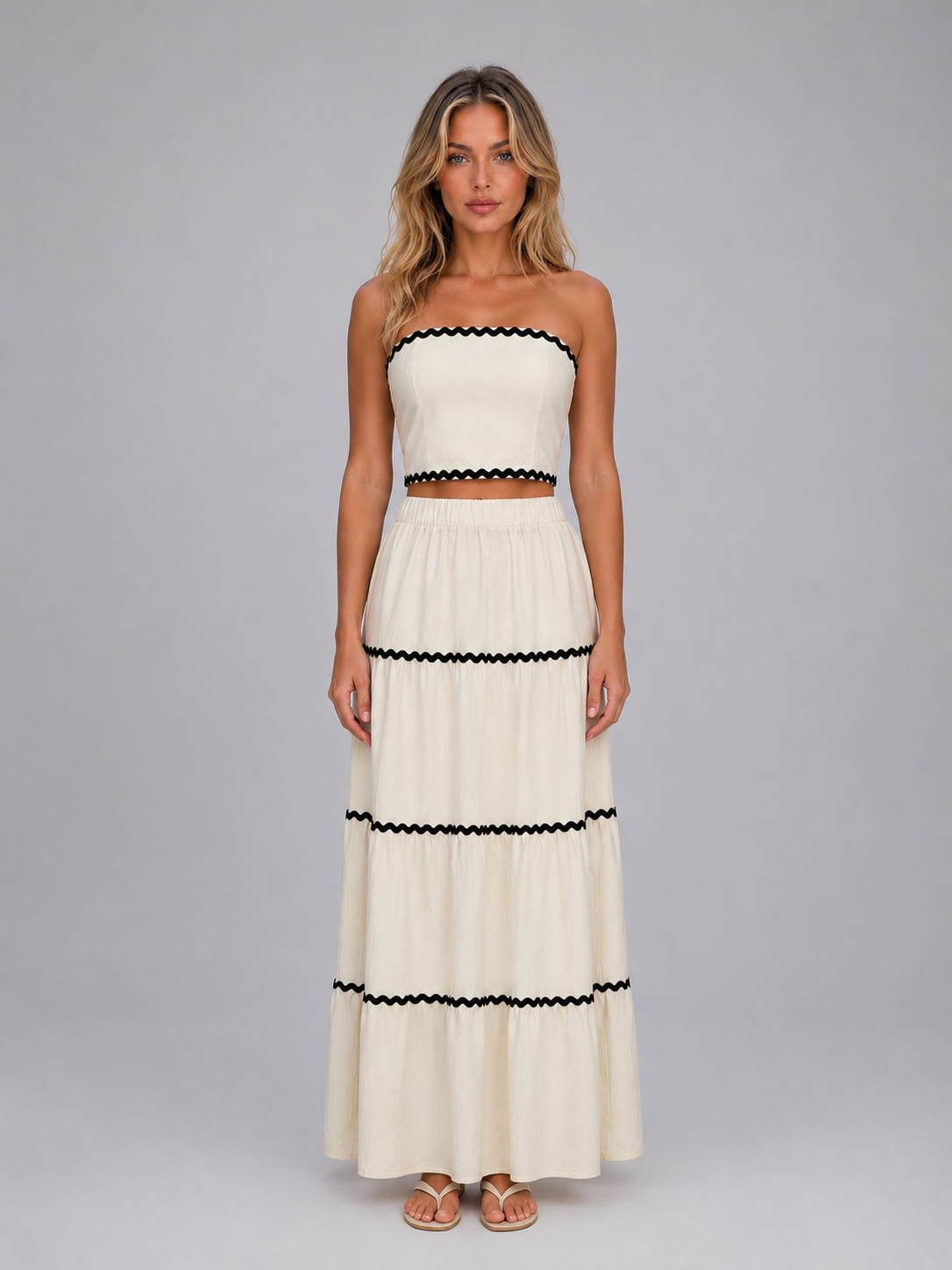 Damen Zweiteiler Mit Crop Top Und Gestuftem Maxirock