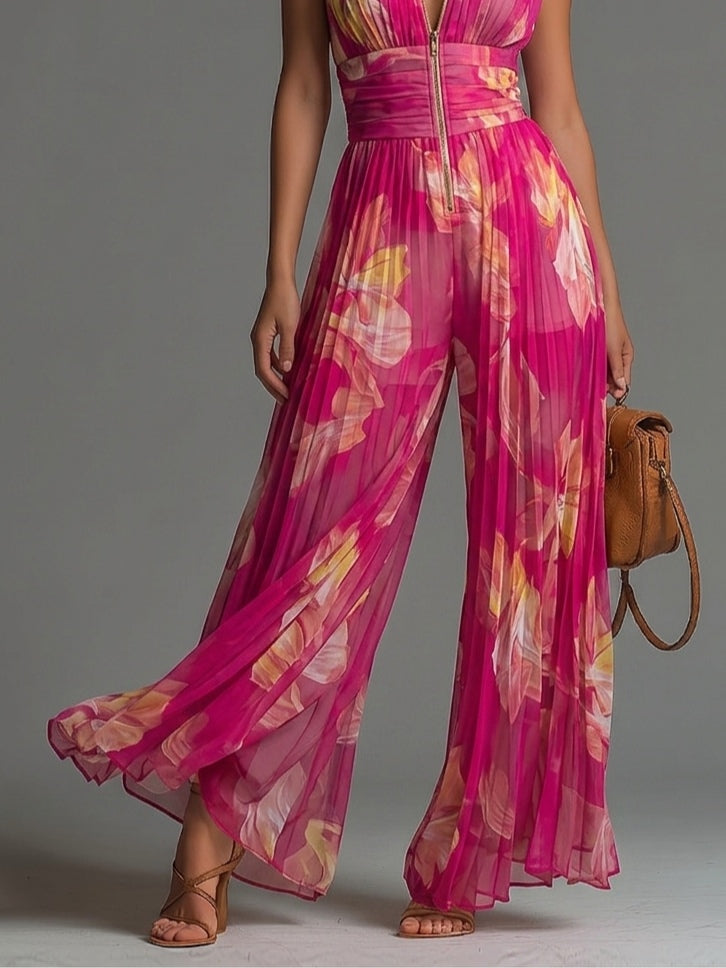 Detailansicht vom Blumenmuster und Reißverschluss am Damen Jumpsuit