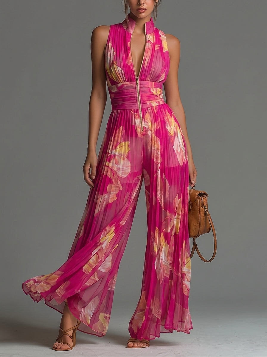 Damen Jumpsuit mit floralem Muster und Reißverschluss in Seitenansicht