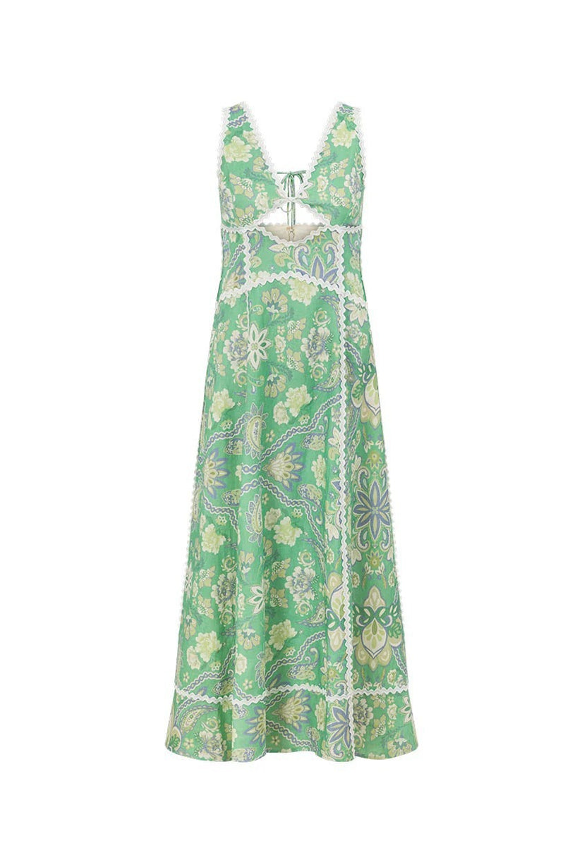 Damen Maxikleid mit Blumenmuster und Spitze aus leicht fallendem Stoff