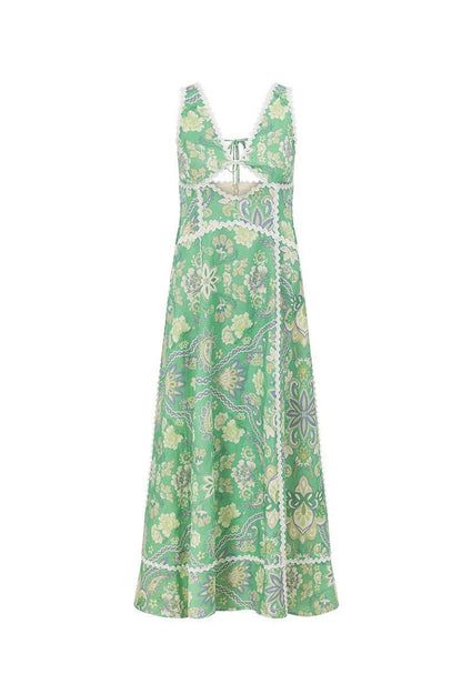 Damen Maxikleid mit Blumenmuster und Spitze aus leicht fallendem Stoff