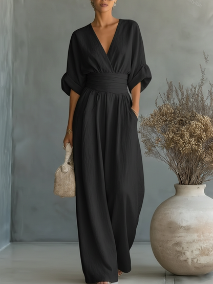 Eleganter V-Ausschnitt Jumpsuit mit hoher Taille und lockerem Sitz für Damen