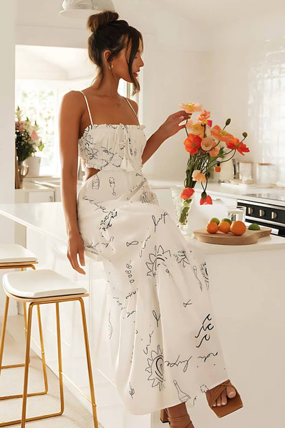 Bedrucktes Midi-Kleid aus Polyester mit Spaghettiträgern in Weiß