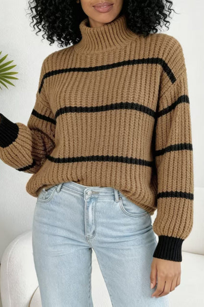 Damen-Strickpullover mit gestreiftem Muster und hohem Rollkragen