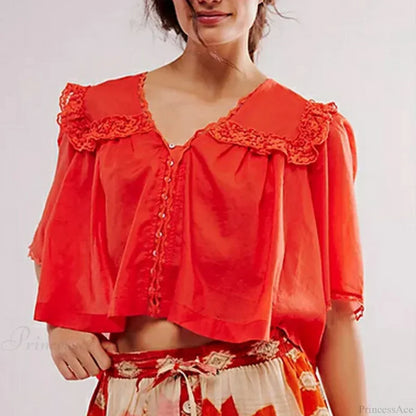 Women's Chiffon Ruffle Lace Trim Low Cut Blouse
