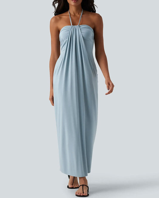 Damen-Maxikleid mit Halterneck und drapierter Wickeloptik in Vorderansicht