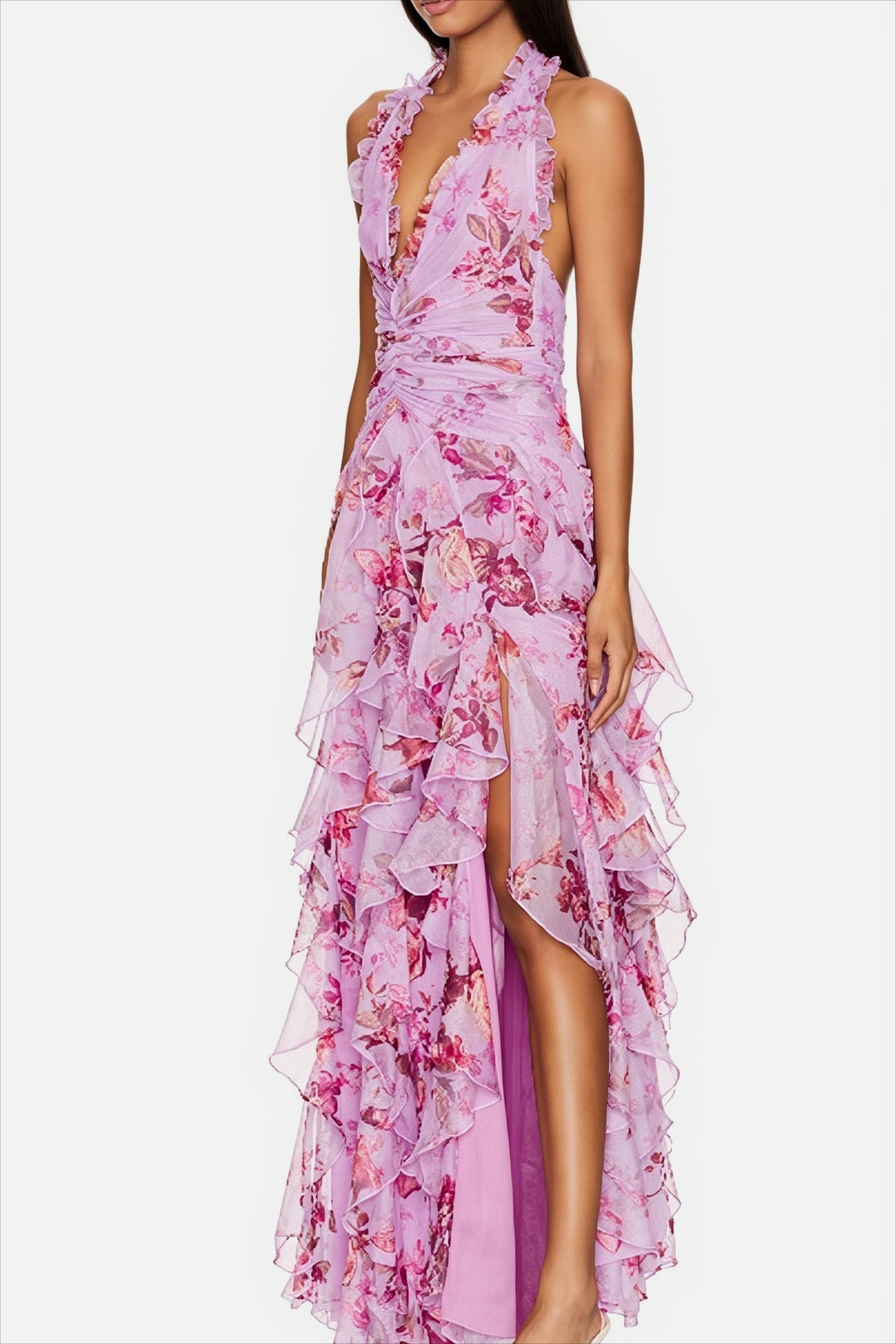 Langes Chiffonkleid mit Blumenmuster und femininem Neckholder