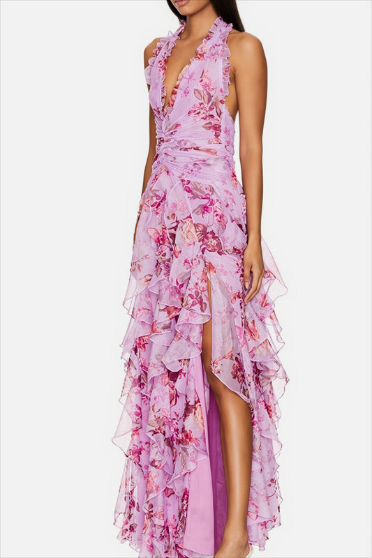 Langes Chiffonkleid mit Blumenmuster und femininem Neckholder