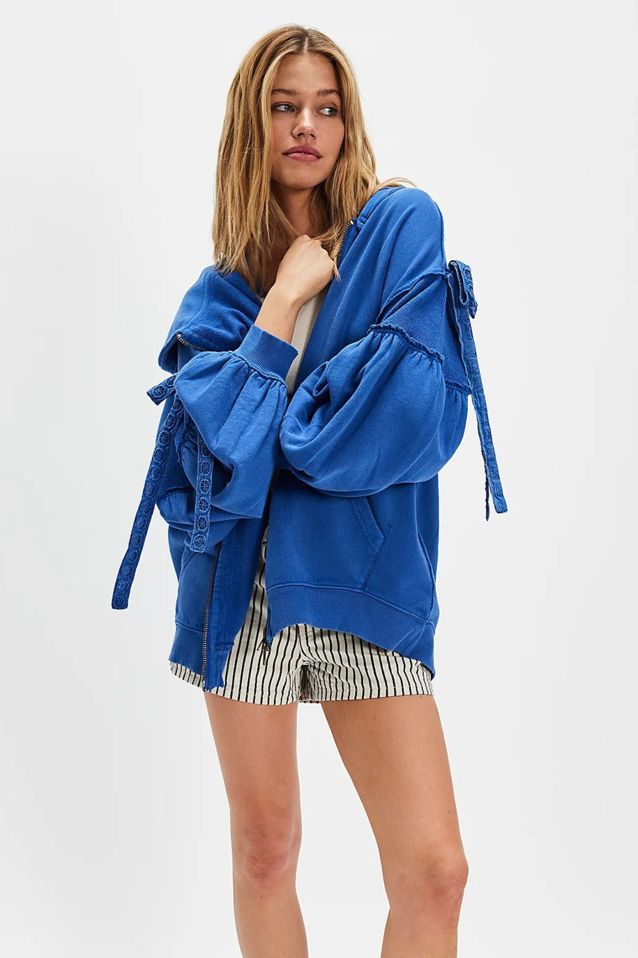 Damen Zip Hoodie Mit Schnürärmeln Oversized