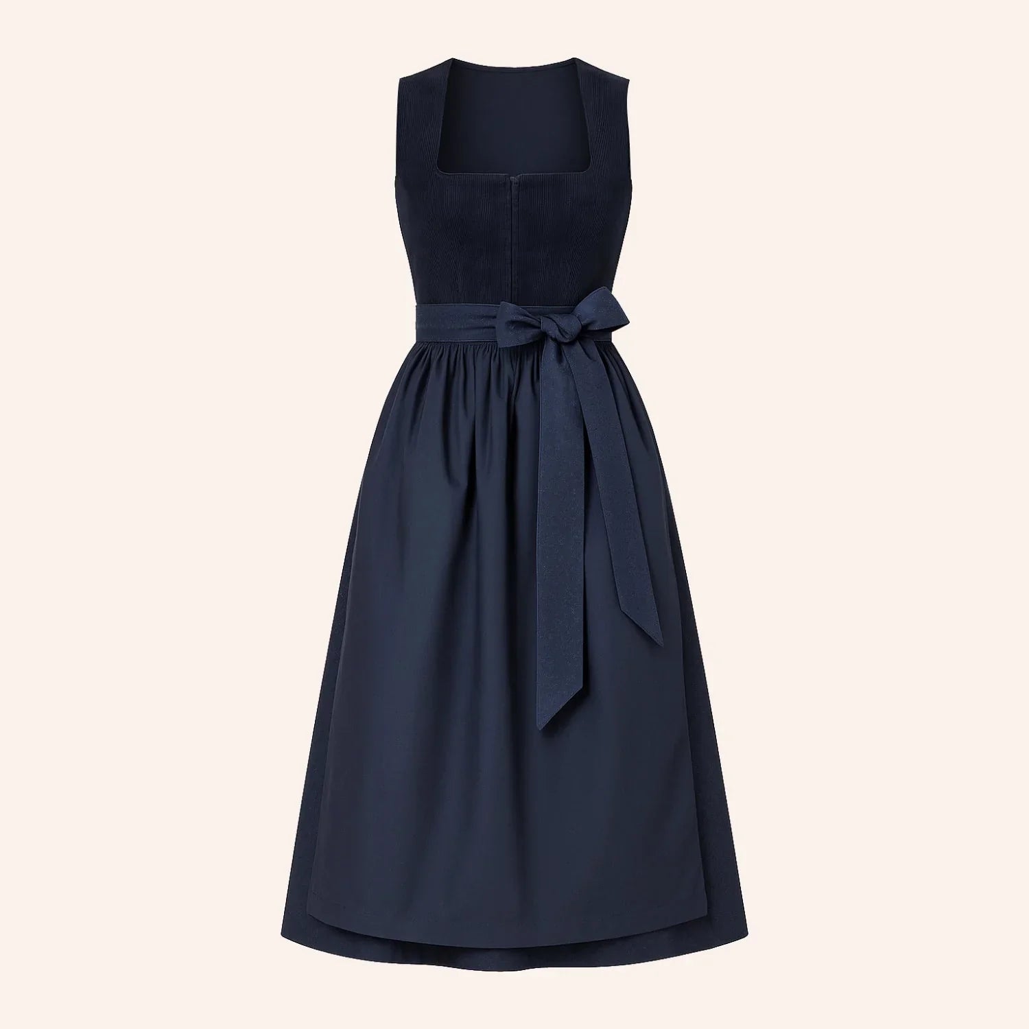 Marineblaues Dirndl für Damen mit abgestimmter Schürze und klassischem Design