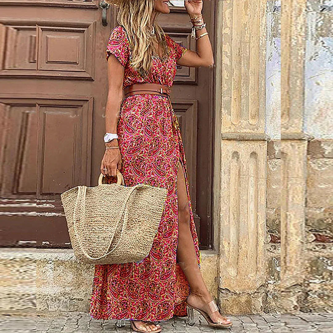 Midi-Kleid mit Boho-Print und geraffter Taille