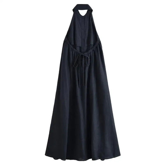 Damen Neckholder locker sitzendes atmungsaktives Sommerkleid Marineblau
