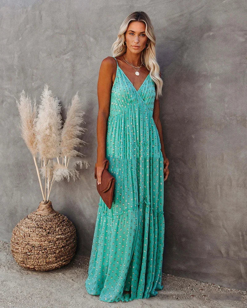 Boho Chic grünes langes Sommerkleid