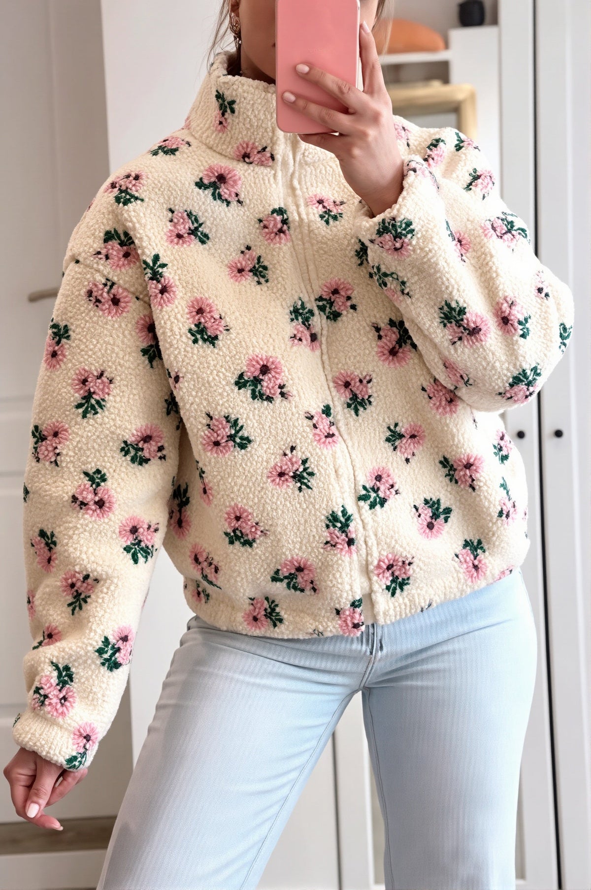 Damen-Sherpa-Fleecejacke mit dekorativem Blumenmuster