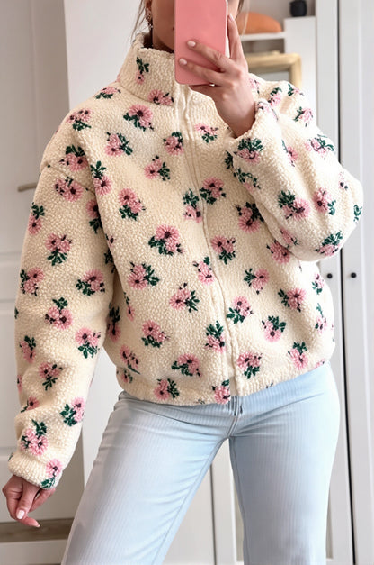 Damen-Sherpa-Fleecejacke mit dekorativem Blumenmuster