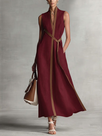 Ärmelloses Damenkleid mit Stehkragen aus Baumwoll-Leinen, Freizeitkleid