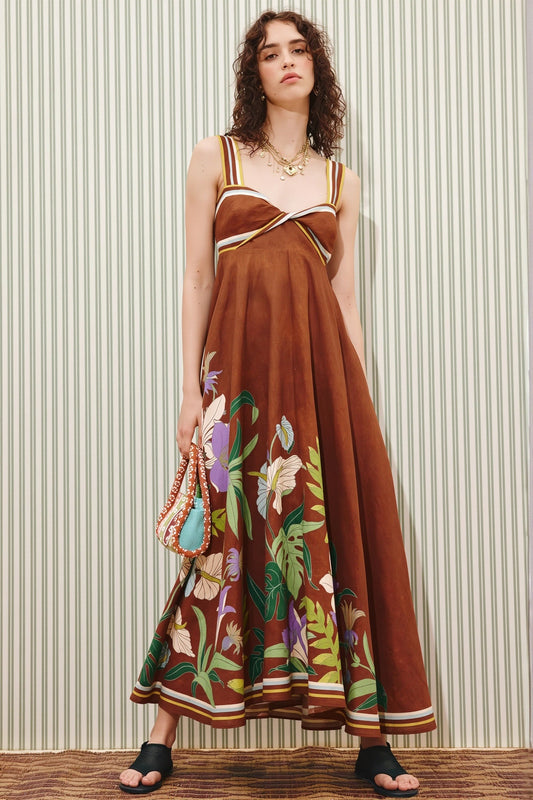 Damen-Maxikleid mit Blumen- und Streifenprint in ausgestellter Passform