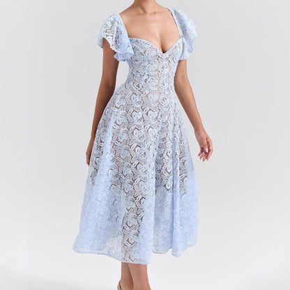 Spitzen Kleid mit Glockenärmeln Midi Blau