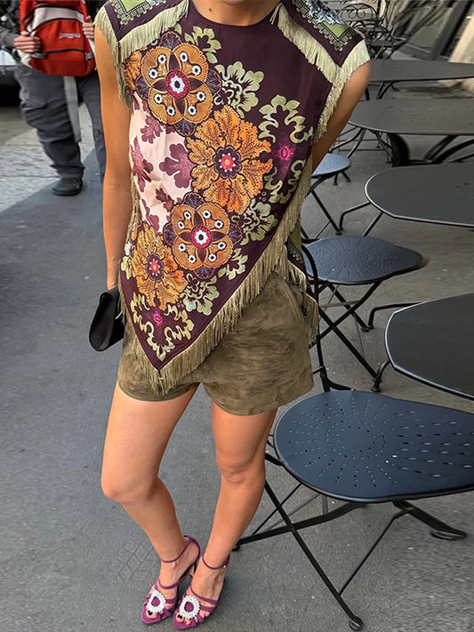 Damen Satin-Ärmellose Bluse mit Blumenmuster und Fransenbesatz in Rotweinfarben