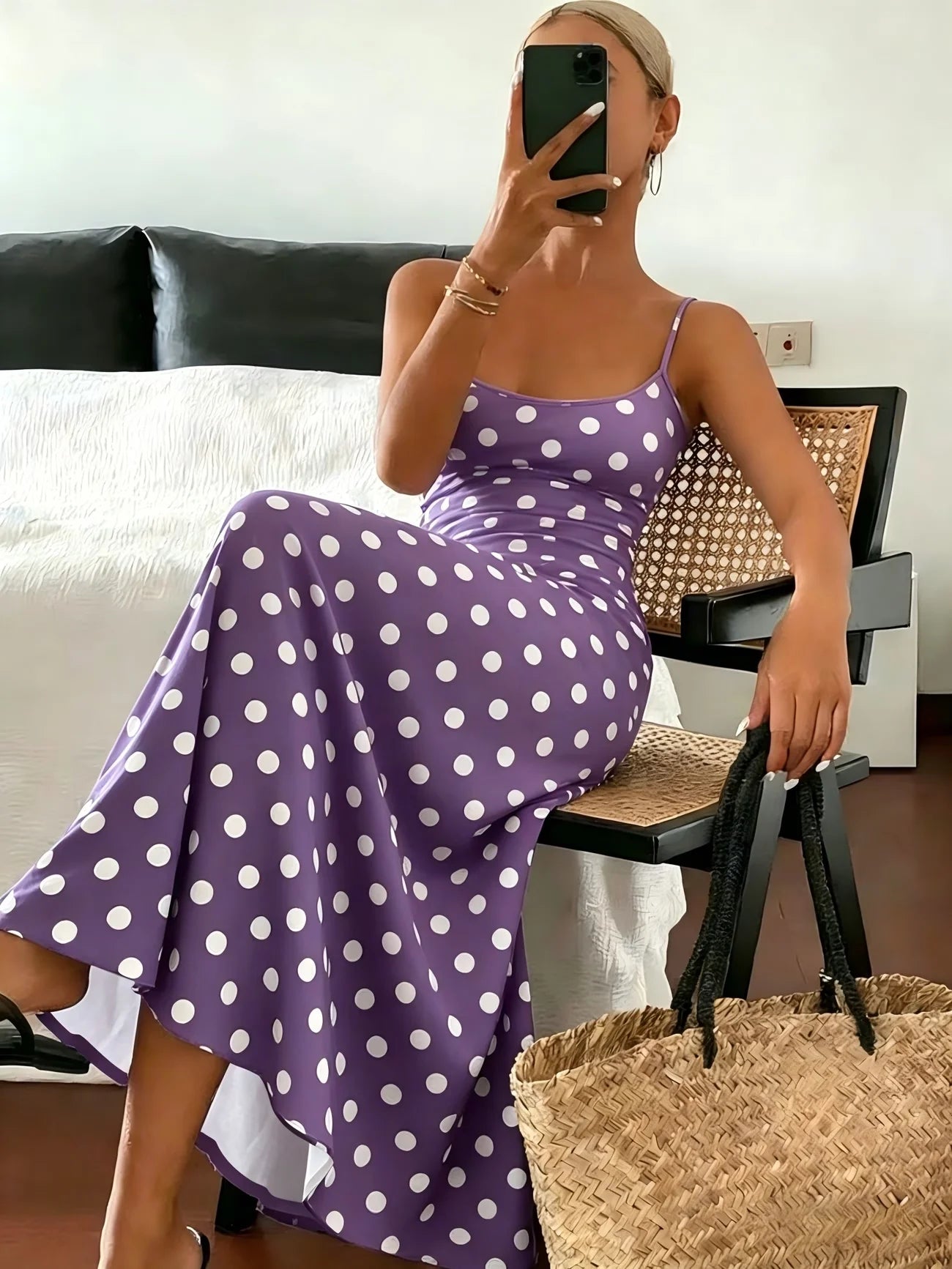 Ärmelloses eng anliegendes Midikleid aus Polyester mit Polka-Dots für Damen