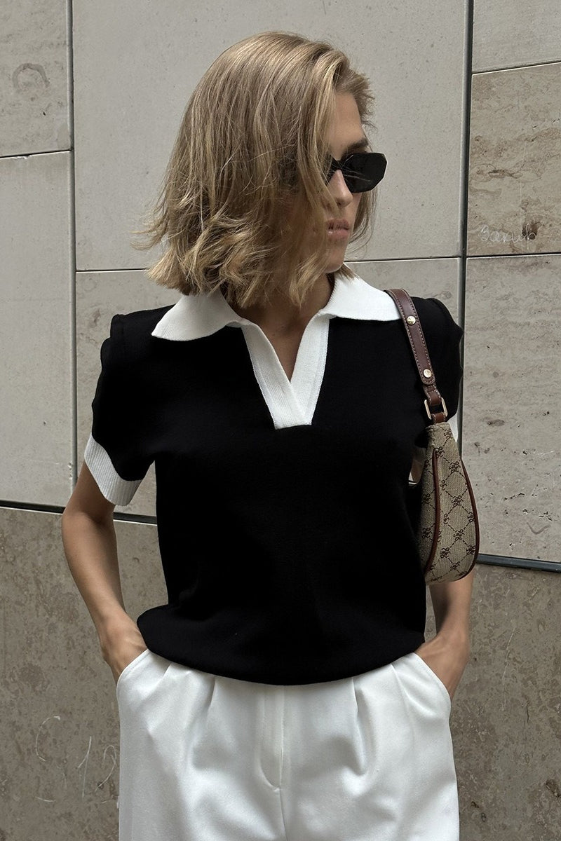 Damen Polo-Strickpullover in Schwarz mit Kontrastkragen, Frontalansicht