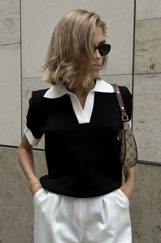 Damen Polo-Strickpullover in Schwarz mit Kontrastkragen, Frontalansicht