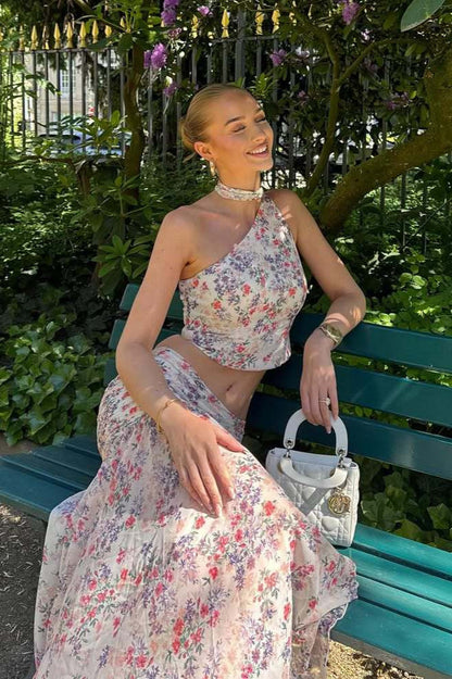 Damen Zweiteiler One Shoulder Mit Blumenprint Rosa Lila