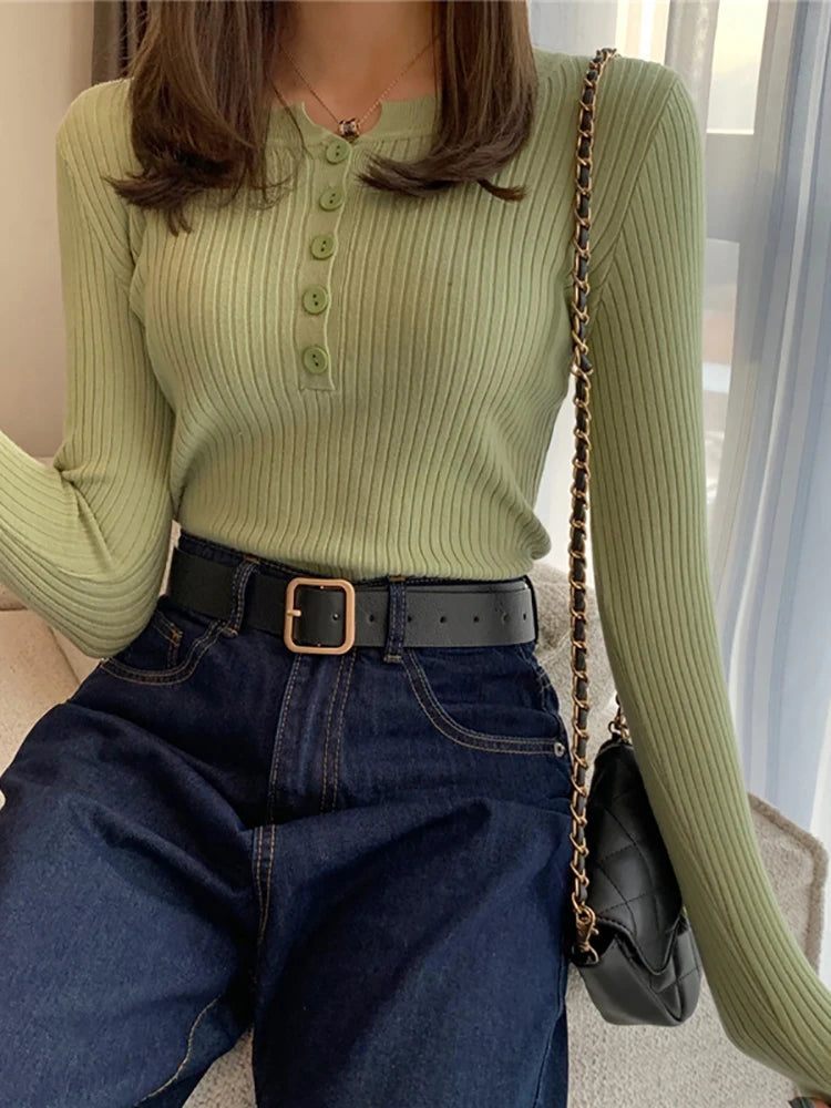 Damen Figurbetonter Gestreifter Strickpullover mit Knöpfen und Rundhalsausschnitt