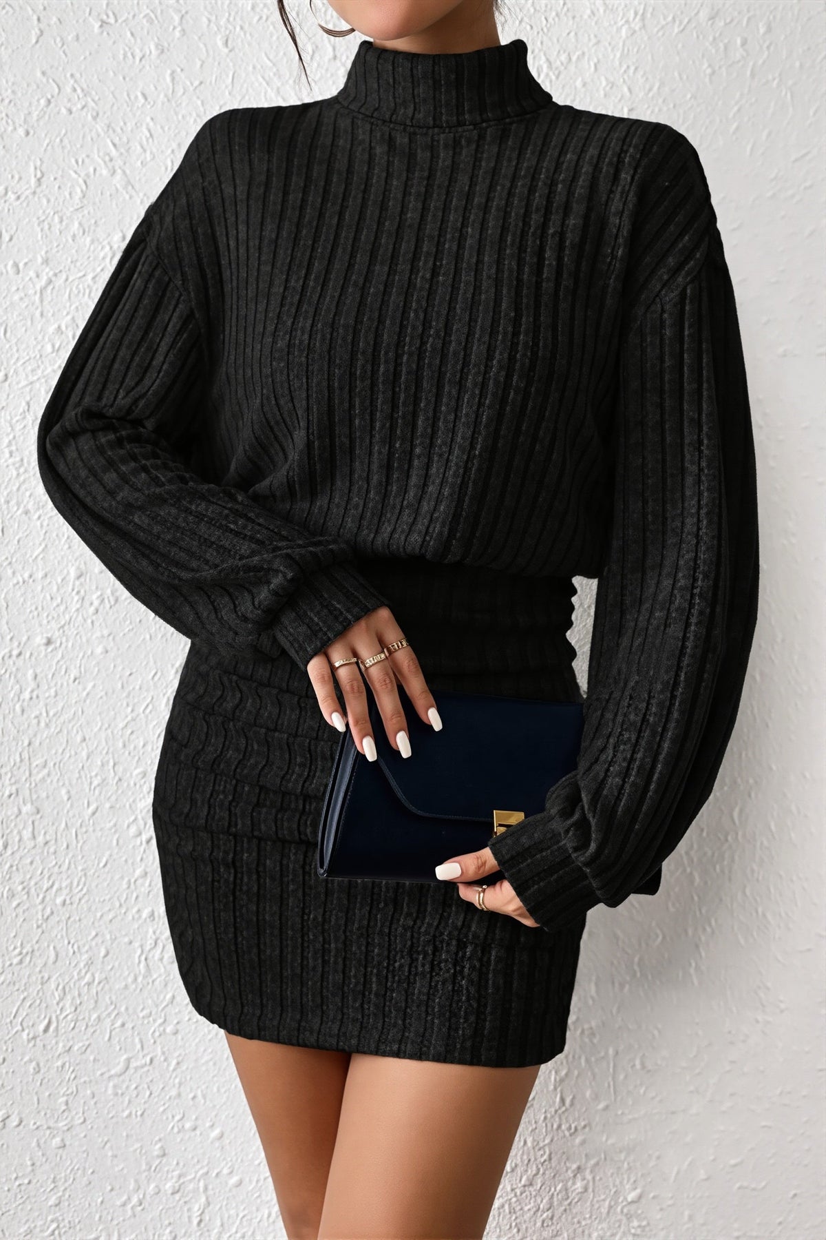 Damen Rippstrick Minikleid Mit Rollkragen