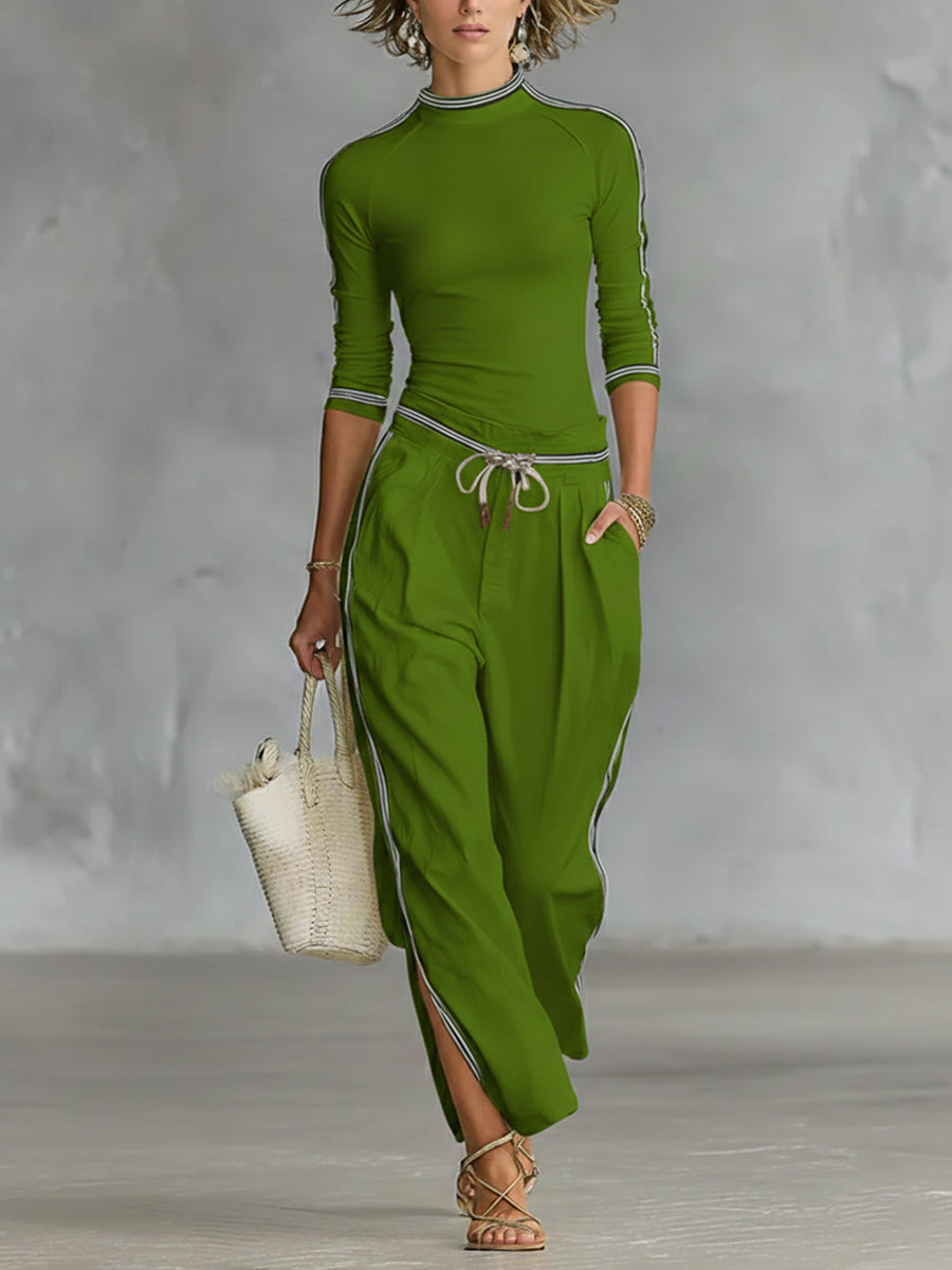 Gemütliches Stretch-Strickoberteil und Leinen-Baumwollhose Set