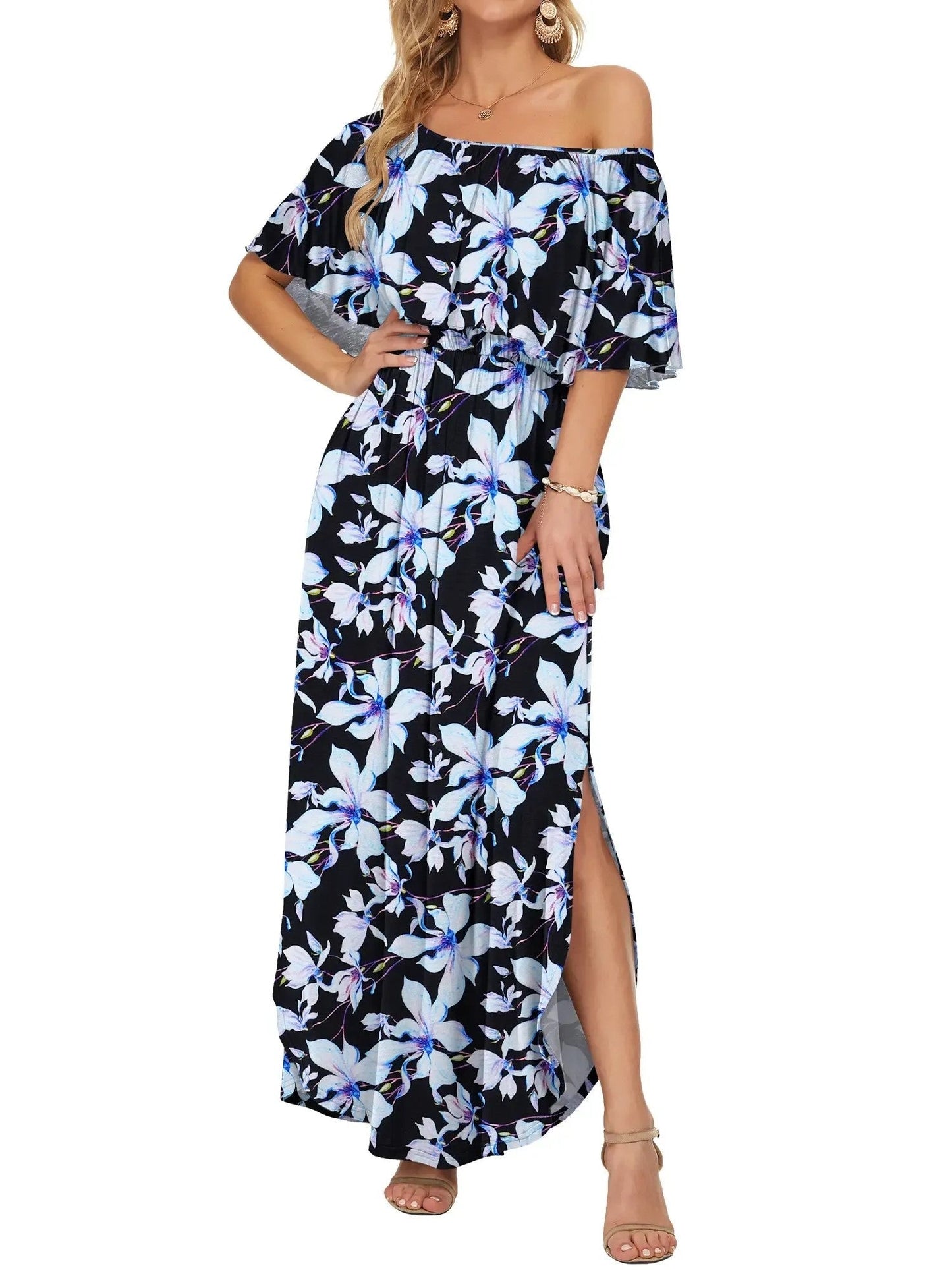 Damen Sommer Maxikleid mit floralem Off-Shoulder-Design