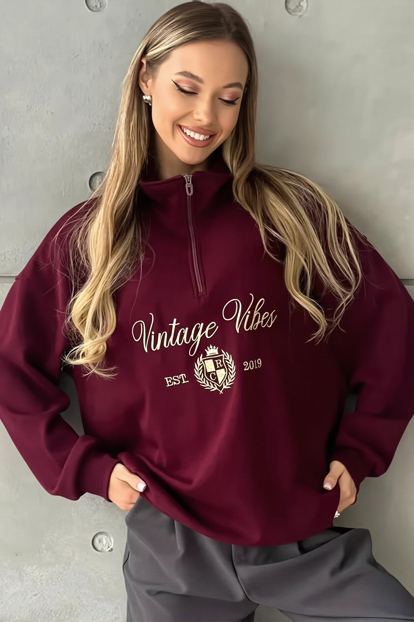 Damen Sweatshirt Mit Quarter Zip Im Vintage Look