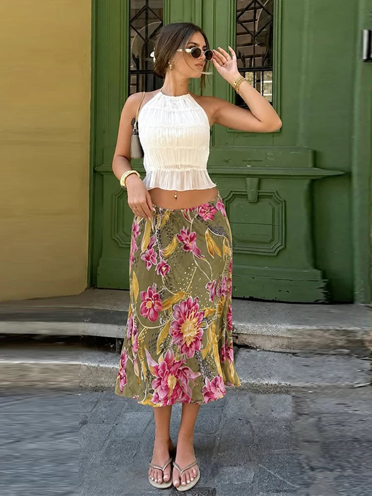 Damen High Waist Midirock mit Blumenmuster und Schlitz