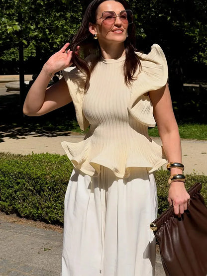 Ärmellose Bluse mit Volant-Saum, eng anliegend, einfarbig für Damen