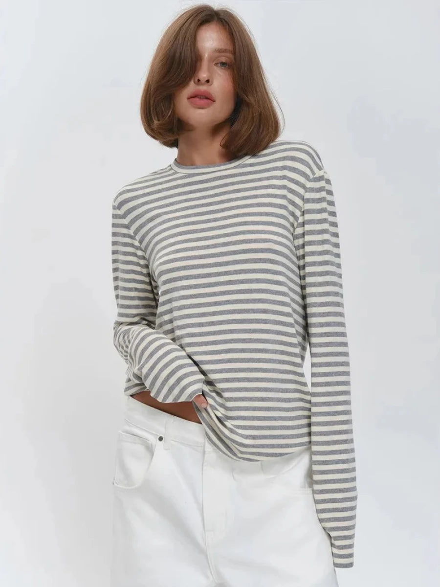 Damen Baumwolle Langarm gestreiftes T-Shirt