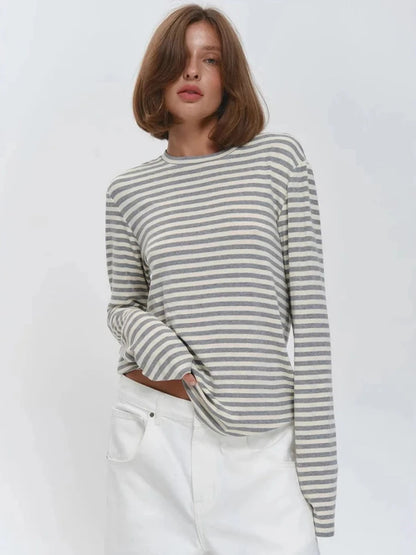 Damen Baumwolle Langarm gestreiftes T-Shirt