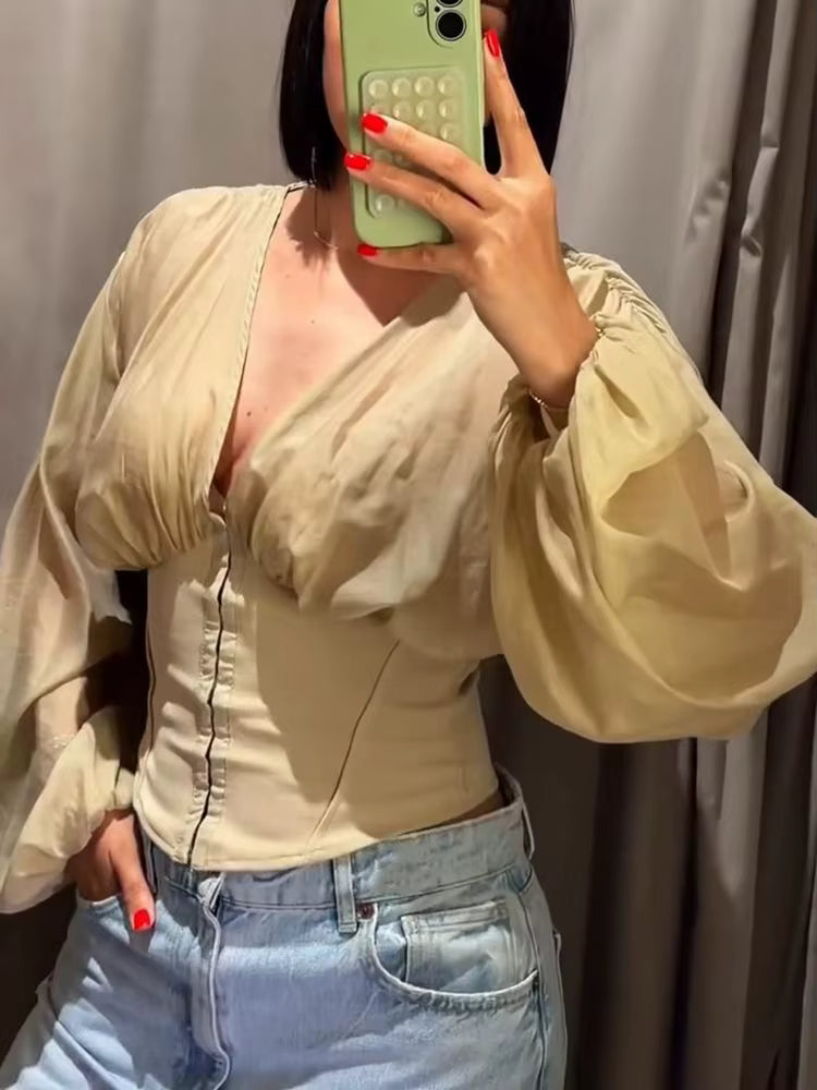 Women's corsage blouse with puff sleeves and gathered shoulder in sand