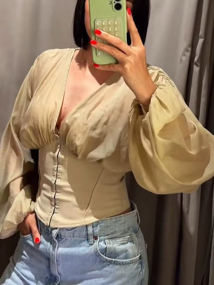 Women's corsage blouse with puff sleeves and gathered shoulder in sand