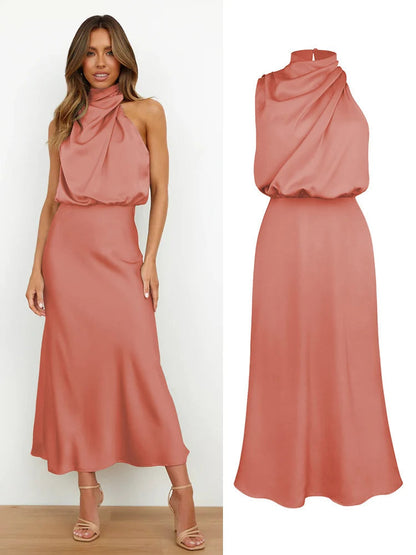 Damen Satin Midi Kleid mit asymmetrischem Ausschnitt